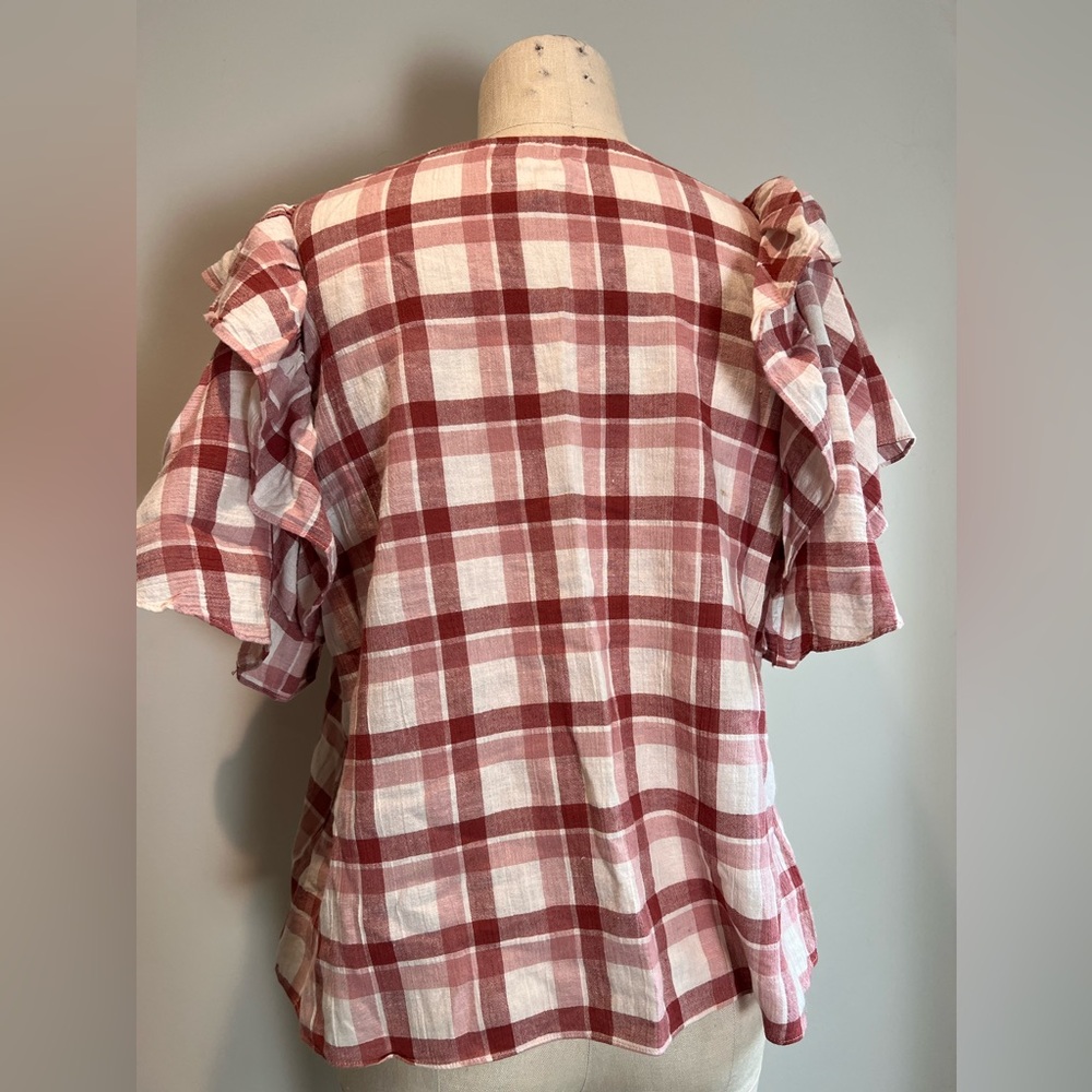 THE GREAT. Whisper Check Cotton Linen brick plaid ruffle sleeve top sz 1 - Picture 6 of 7